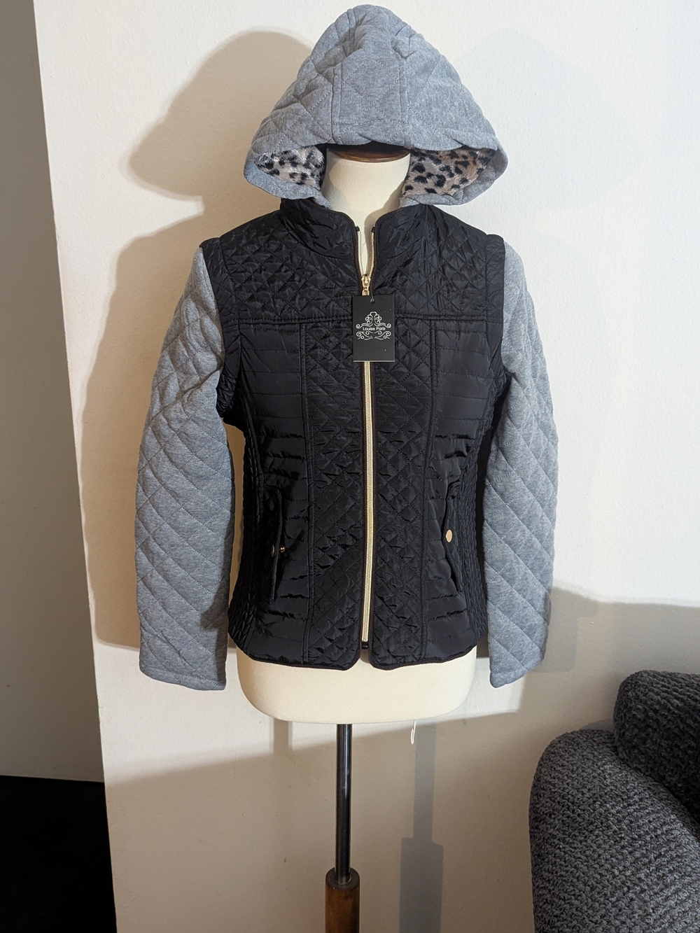 Louise Paris 3-in-1 Convertible Quilted Jacket Vest Combo Hooded Black Gray S